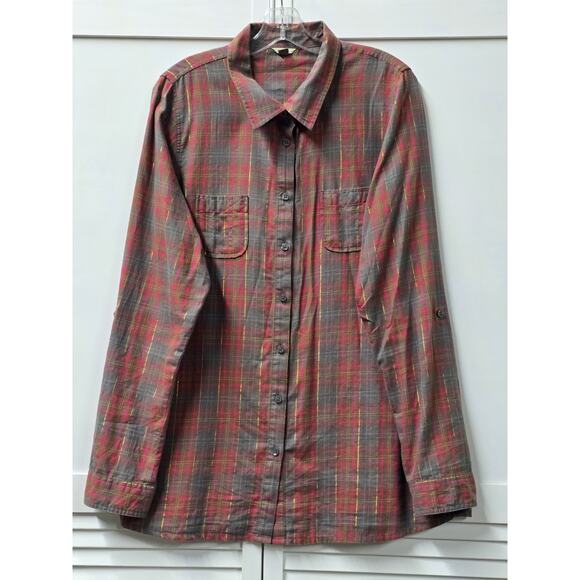Women's Fossil Lightweight Plaid Flannel Button Down w/ Roll Tab Sleeve Size XL - Picture 1 of 7